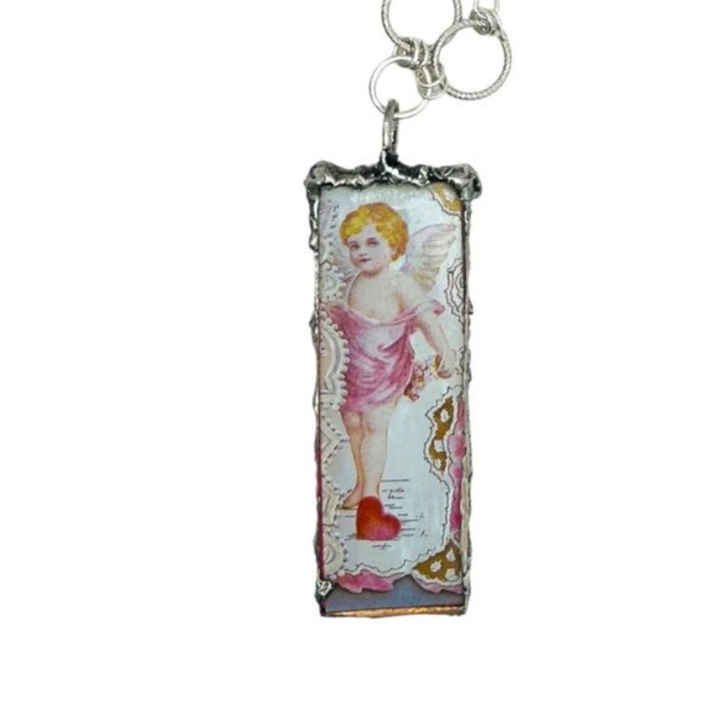 VINTG Valentines Day Card Tiny Canvas Pendant & Handmade W/ Pink Quartz & Pearls - Picture 10 of 17